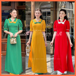 Áo dài cách tân nữ cổ đôi tay phồng mầu đỏ xanh vàng lụa cao cấp
