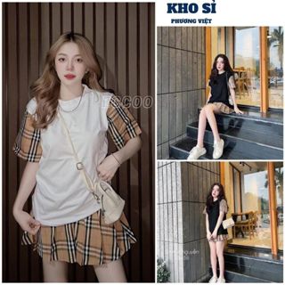  Bộ váy đẹp Áo Thun ngắn tay phối màu tay Mix Chân Váy xếp ly ngắn kẻ caro Trẻ Trung Năng Động - KSPV SV57 