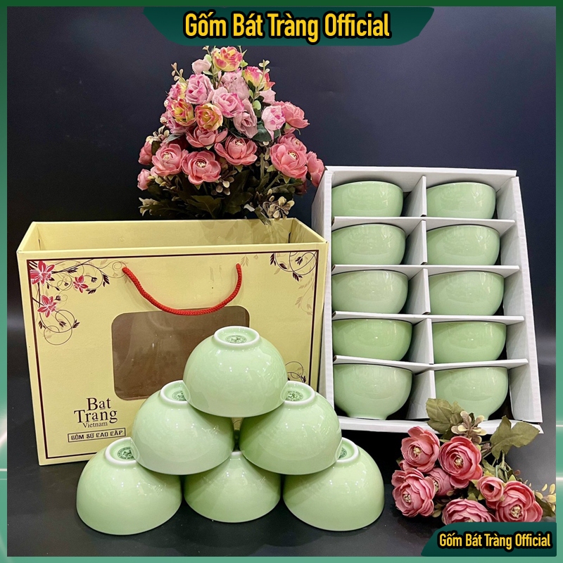 Set 10 Bát Cơm Bát Tràng Cao Cấp (chưa hộp) Hàng Loại I, Bộ Bát Ăn Cơm Men Ngọc, Bộ chén ăn cơm Bát 