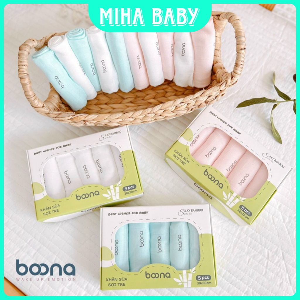 Khăn Sữa Sợi Tre Boona Hộp 5 Khăn Sữa Cho Bé 2 Lớp Mềm Mịn, Lau Mặt, Tắm Cho Bé Sơ Sinh Size 30x30cm