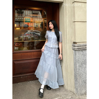 Set Áo Ngắn Tay Kèm Chân Váy Tầng Dáng Dài Xòe Nhẹ Nhàng Chất Tơ Sần. Set váy cộc tay áo croptop chân váy xòe bồng