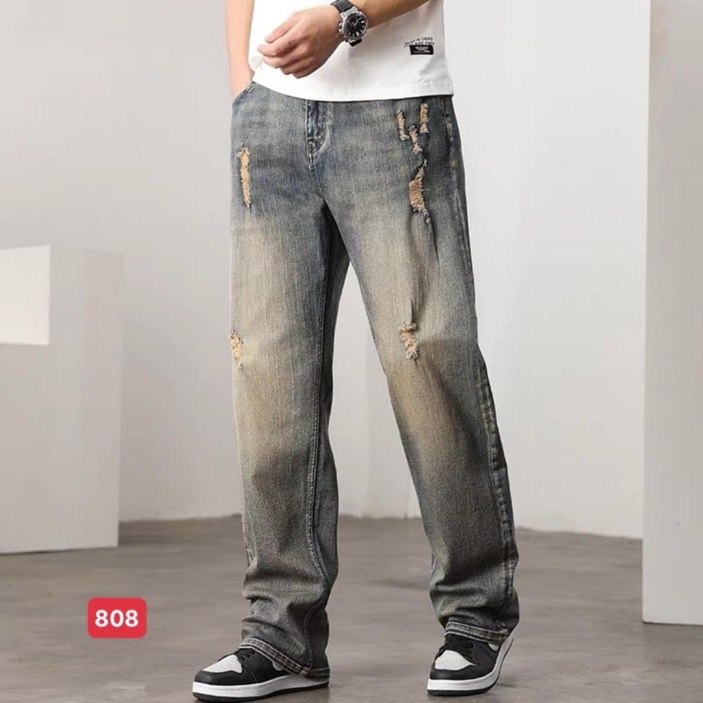 Quần baggy nam màu xanh kiểu rách phối 2 màu ống rộng, Quần dài baggy nam chất vải denim trẻ trung S