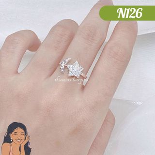 N126 Nhẫn solitaire mặt trăng ngôi sao đính đá Bạc thật Thiên Cát s950