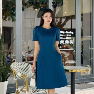 Đầm công sở Nhật Vy cổ tròn cách điệu tay ngắn chất liệu lụa phù hợp đi làm dự tiệc dạo phố - D3008