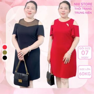 Đầm Suông NhiStore Váy Trung Niên Tay Ngắn Khoét Vai Có Túi Lụa Mát Freesize 60kg