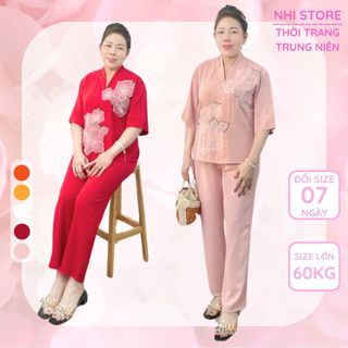 Đồ Bộ Trung Niên NHISTORE -Đồ Bộ Lam Đi Chùa Chất Lụa tằm Ý Mịn Mát Cao Cấp Tay Lửng Cổ Chui Thêu Hoa 45kg-60kg