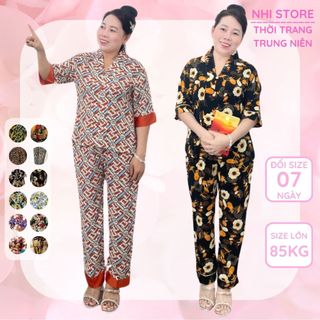 Đồ Bộ Trung Niên-Đồ Lam NHISTORE Pijama Lụa HongKong Cổ Chui Tay Lửng Quần Dài Có Túi Big Size Từ 45 - 85Kg