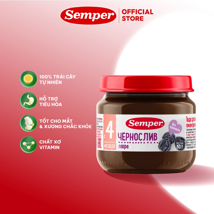 Hỗ trợ tiêu hóa dinh dưỡng ăn dặm Trái cây nghiền mận đen Semper 80g dành cho bé từ 4 tháng tuổi