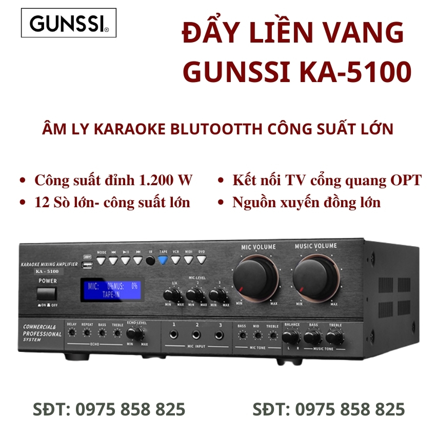 Đẩy liền vang Gunssi AV 5100. Âm ly karaoke bluetooth công suất lớn, Đẩy công suất liền vang cao cấp