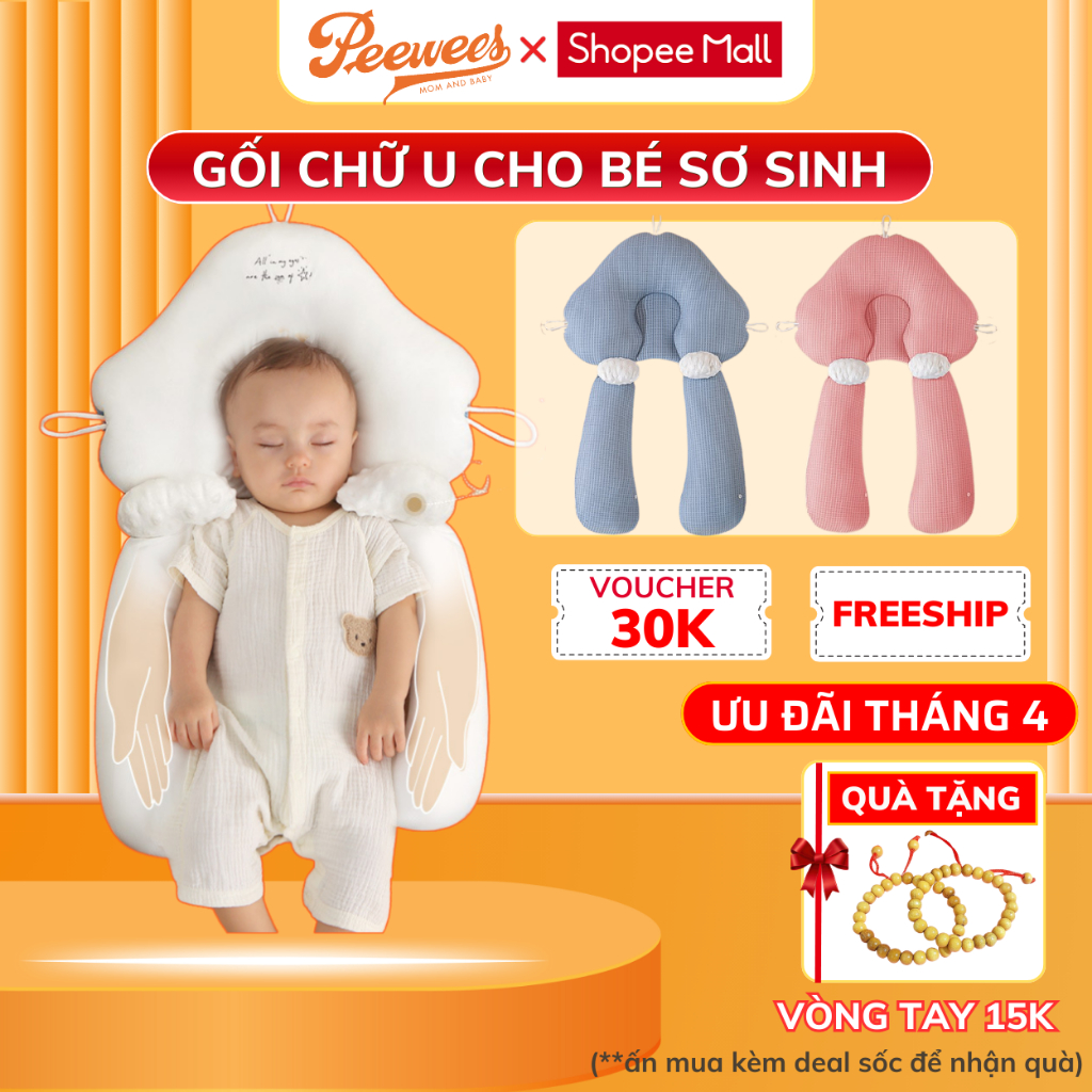 Gối Chữ U Cho Bé Sơ Sinh PEEWEES Chống Giật Mình Chống Bẹp Đầu Có Dây Rút