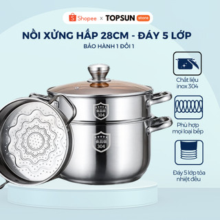 [BH 1 đổi 1] Nồi xửng hấp hai tầng 5 đáy đường kính 28cm chất liệu INOX 304 cao cấp, hấp cách thủy,dùng cho mọi loại bếp