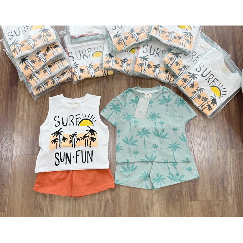 Set 2b bé trai cây dừa xanh trắng