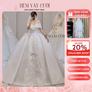 Váy cưới cô dâu 💖tặng voan cài đầu💖 đầm cưới cô dâu cúp ngực, vải phi, bệt vai ngang, váy tvc77