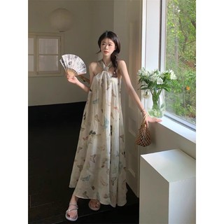 (ORDER) Váy voan hai dây họa tiết cánh bướm xòe maxi dài rộng cổ yếm điệu đà mùa hè tiểu thư hàng Quảng Châu cao cấp