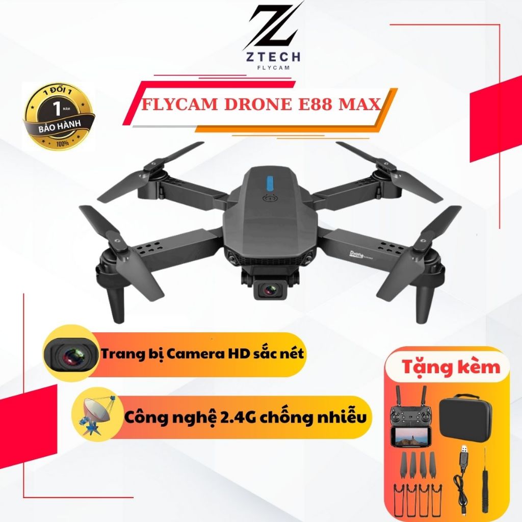 Flycam mini,Máy bay điều khiển từ xa E88 Max động cơ chổi than Pin 3.7v 1800mAh,Drone Playcam Camera HD Ztechflycam