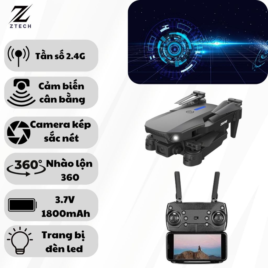 Flycam mini,Máy bay điều khiển từ xa E88 Max động cơ chổi than Pin 3.7v 1800mAh,Drone Playcam Camera HD Ztechflycam | BigBuy360 - bigbuy360.vn