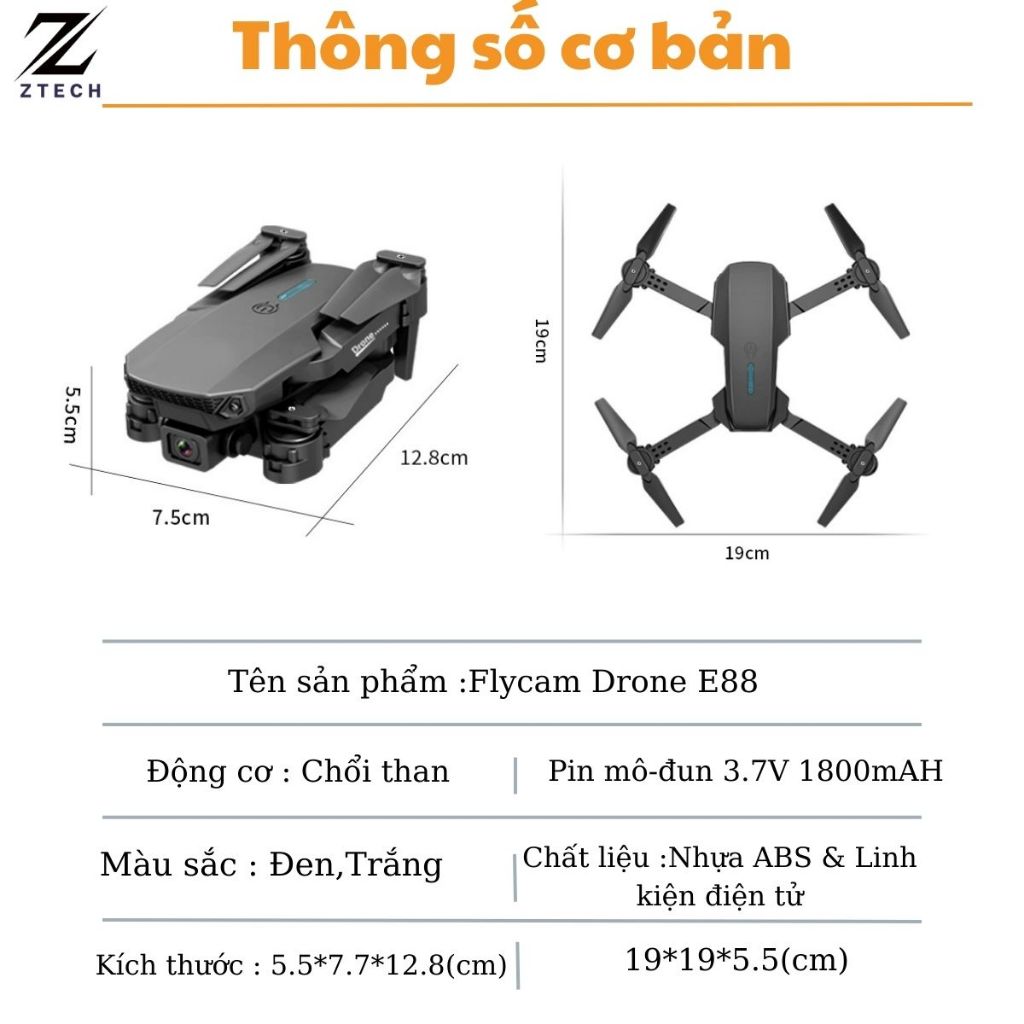 Flycam mini,Máy bay điều khiển từ xa E88 Max động cơ chổi than Pin 3.7v 1800mAh,Drone Playcam Camera HD Ztechflycam | BigBuy360 - bigbuy360.vn