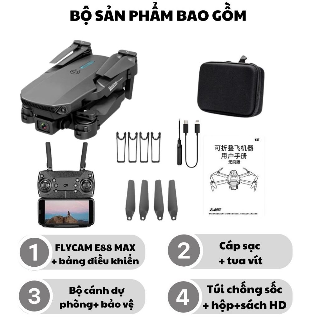 Flycam mini,Máy bay điều khiển từ xa E88 Max động cơ chổi than Pin 3.7v 1800mAh,Drone Playcam Camera HD Ztechflycam | BigBuy360 - bigbuy360.vn