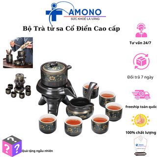 Bộ ấm chén pha trà cối xay hoa văn xanh vàng đen bóng(bao gồm hộp quà-bộ tách trà,ấm trà tử sa