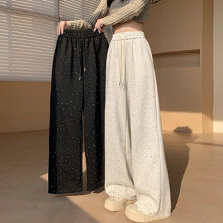 Quần ống suông quần ống rộng chất liệu lụa loại 1 mềm mát thiết kế lưng cao tôn dáng đính hạt kim sa bling bling cá tính