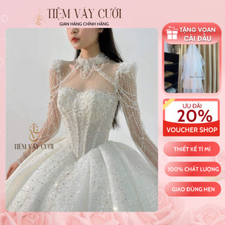 Váy cưới cô dâu 💖tặng voan cài đầu💖 đầm cưới cao cấp, đính đá, vải kim tuyến mịn, cúp ngực, tvc85