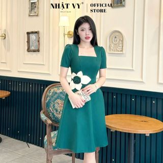 Đầm dự tiệc Nhật Vy cổ vuống tay ngăn phối hoa dáng xoè chất liệu lụa phù hợp đi làm dạo phố cafe sang trọng - D2912