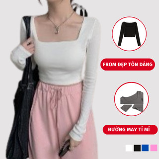 Áo thun croptop dài tay cổ vuông nữ madela phong cách hàn quốc, áo croptop dài tay cổ vuông form ôm body