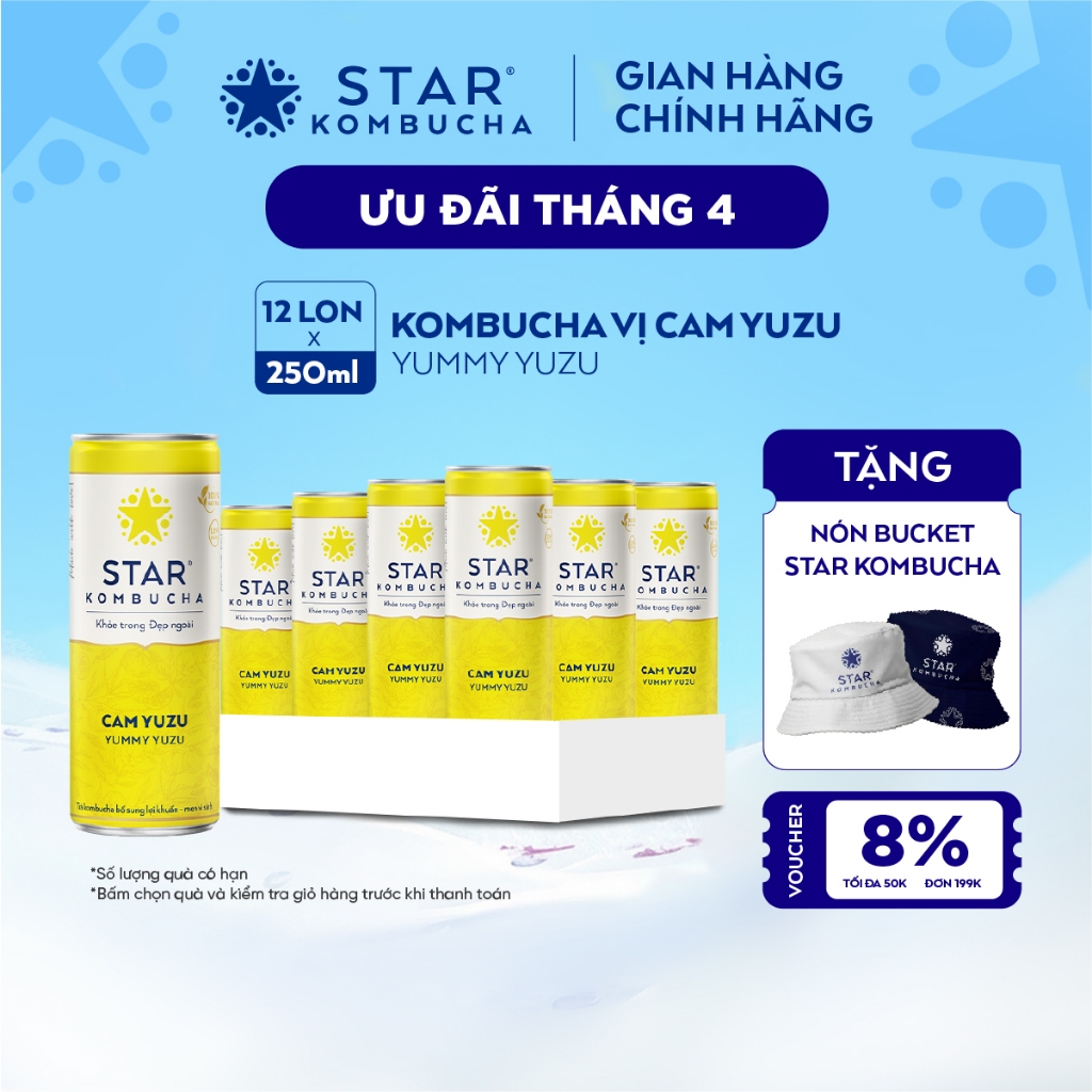 Thùng 12 lon Star Kombucha vị Cam Yuzu/Yummy Yuzu (250ml/lon) - Trà lên men vi sinh chứa probiotics bảo vệ sức khoẻ