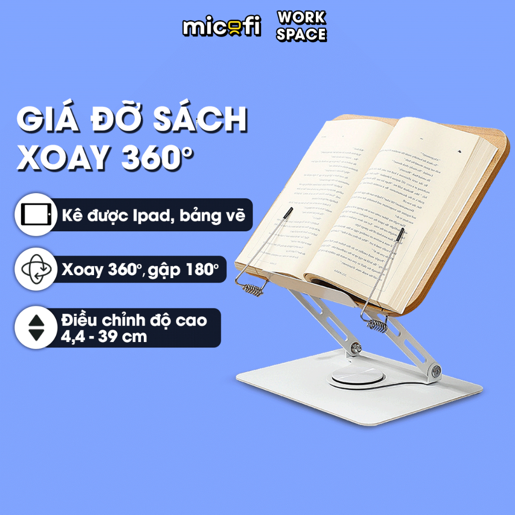 Giá Đỡ Sách Micofi, Giá Kê Sách Đế Xoay 360 Độ, Đỡ Điện Thoại, Ipad, Bảng Vẽ Có Kẹp Sách Bằng Gỗ, Thép Carbon