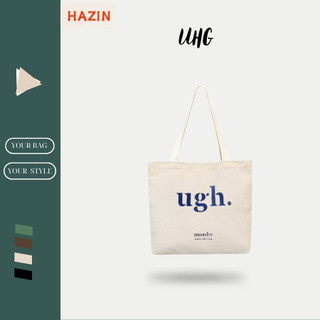 Túi tote Hazin vải canvas ulzzang unisex in chữ Ugh có khoá miệng ngăn phụ nhỏ HZ58