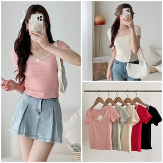 Áo Thun Croptop Tay Ngắn Cổ Tròn Viền Ren Phối Nơ Chất Thun Tăm Co Dãn, Labibi