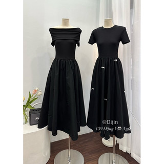 Váy maxi đen dài trễ vai, cổ tròn