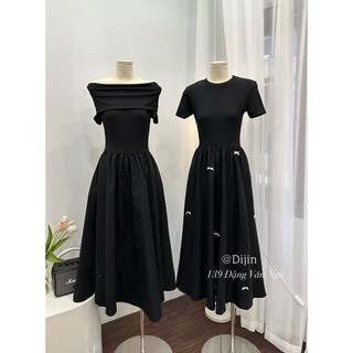 váy maxi đen dài trễ vai, cổ tròn
