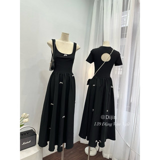 váy maxi đen dài trễ vai, cổ tròn