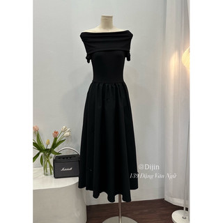 váy maxi đen dài trễ vai, cổ tròn