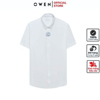 Áo sơ mi ngắn tay nam OWEN AR240031N somi công sở cao cấp chất nano màu trắng họa tiết ô nhỏ dáng suông tà lượn có túi