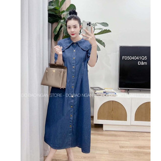 Đầm jean nút dáng suông dài cổ bẻ tay ngắn siêu thời trang!