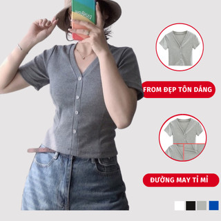 Áo thun gân tăm nữ tay ngắn cổ chữ v dáng ôm có bigsize madela, áo croptop thun cổ tim ngắn tay nữ