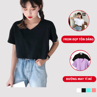 Áo thun nữ ngắn tay cổ tim form rộng madela form croptop, áo croptop nữ tay ngắn tay cổ v form rộng