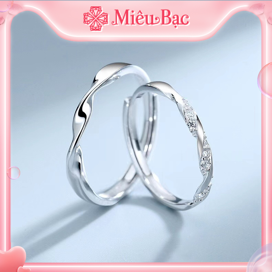 Nhẫn đôi couple Miêu Bạc nhẫn cặp bạc ý s925 xi kim cao cấp, nhẫn đôi thiết kế freesize hình lượn sóng đính đá N400889