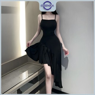 Váy 2 dây xòe đen dự tiệc ôm body ozenka , đầm hai dây sexy dáng a nhún lệch gấu dễ thương sang chảnh