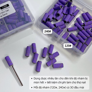 Hộp 60 đầu giấy nhám mịn tím mini mài móng chia 2 ngăn size 120/240 tiện lợi giúp bộ nail siêu bền