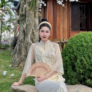 Set quần áo đi chùa cổ trụ nút cài, Bộ phật tử đồ lam đi chùa cổ tàu thêu hạc hoa chất liệu tơ cao cấp