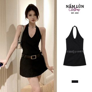Váy cổ yếm Nấm Lùn Clothes Váy ngắn phong cách Âu Mỹ Váy chữ A Váy hở lưng Đầm body V019