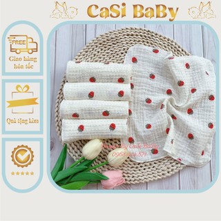 Sét 5 khăn sữa muslin hoạ tiết chấm dâu cho bé CaSi BaBy