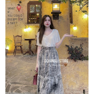 SET ÁO THUN CỔ TIM KÈM CHÂN VÁY MIDI