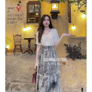 SET ÁO THUN CỔ TIM KÈM CHÂN VÁY MIDI