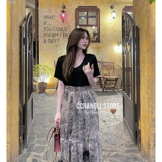 SET ÁO THUN CỔ TIM KÈM CHÂN VÁY MIDI