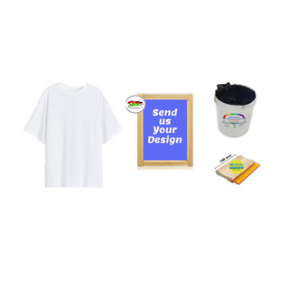 Combo bộ in lụa lên áo hình ảnh đã thiết kế theo yêu cầu bao gồm : Áo thun, mực gốc nước, dao gạt, khung đã gia công