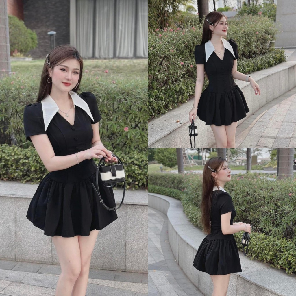 [Hàng Shop] Váy Đen Xòe Cổ Sơ Mi Nhọn Cúc Bọc Chất Vải Chéo Thái QC L1Mềm Mại Mặc Siêu Thích